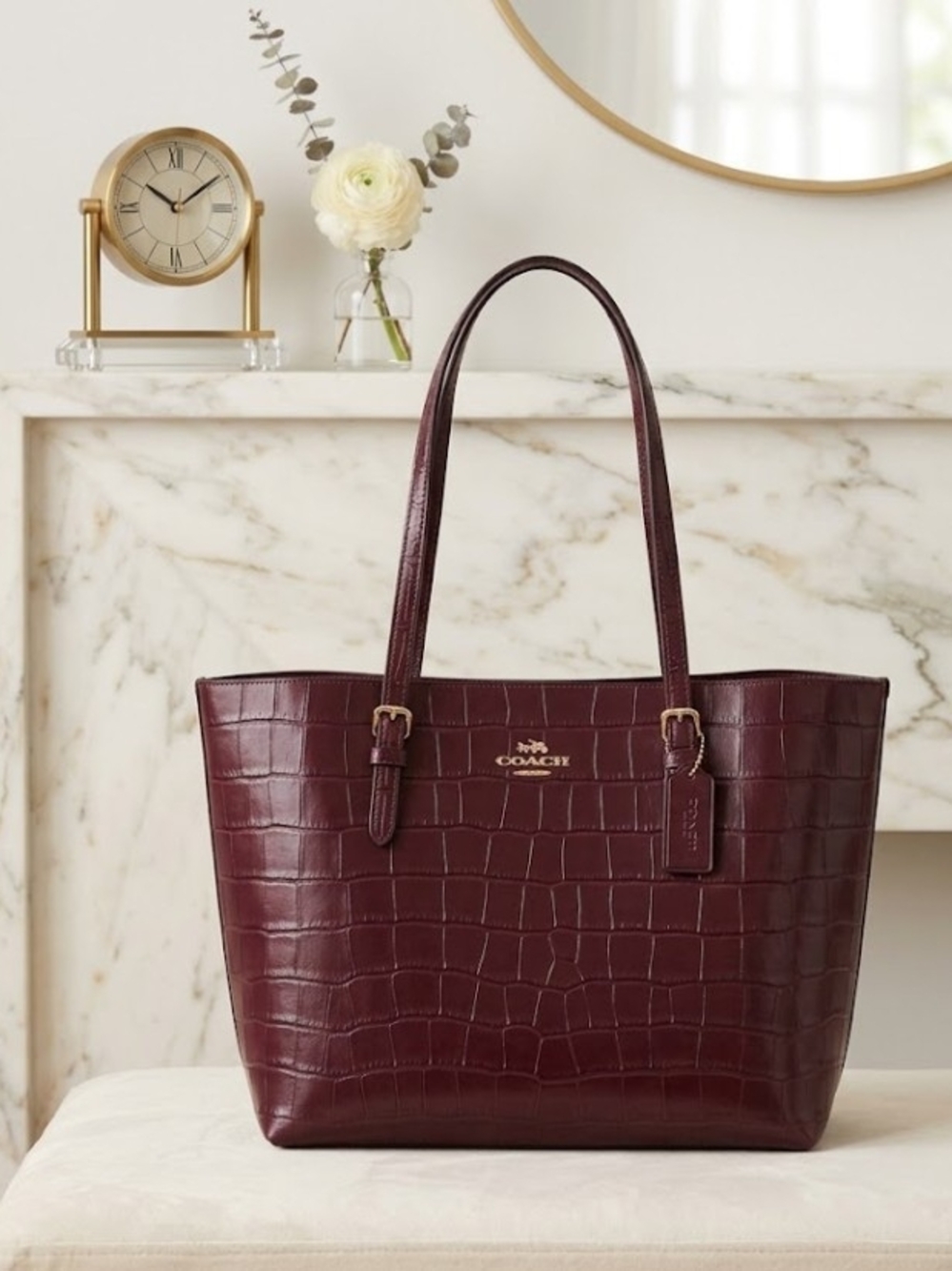 Coach Mollie Croc-Embossed Leather Tote — Burgundy Creed: